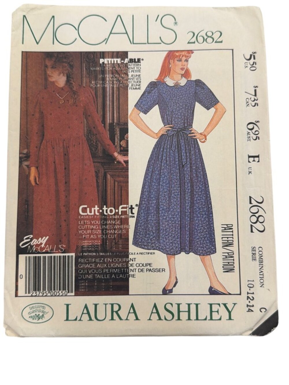 McCalls 2682 Laura Ashley Cut-To-Fit Dress Pattern Sizes 10-12-14 Uncut & Factor